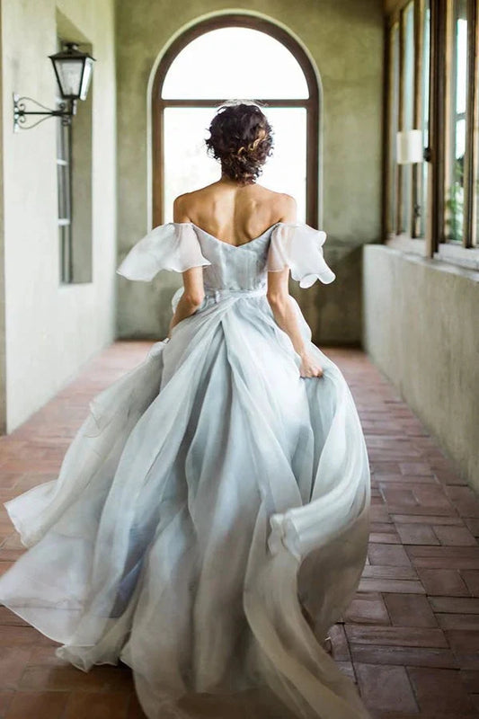 Unique Grey Blue Off-the-Shoulder Long Prom Dresses Garden Wedding Dresses simple gentle atmospheric and unique desi Bring summer colors to enhance whiteness by YiHuiw