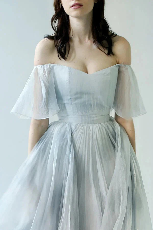 Unique Grey Blue Off-the-Shoulder Long Prom Dresses Garden Wedding Dresses simple gentle atmospheric and unique desi Bring summer colors to enhance whiteness by YiHuiw
