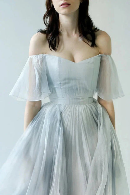 Unique Grey Blue Off-the-Shoulder Long Prom Dresses Garden Wedding Dresses simple gentle atmospheric and unique desi Bring summer colors to enhance whiteness by YiHuiw