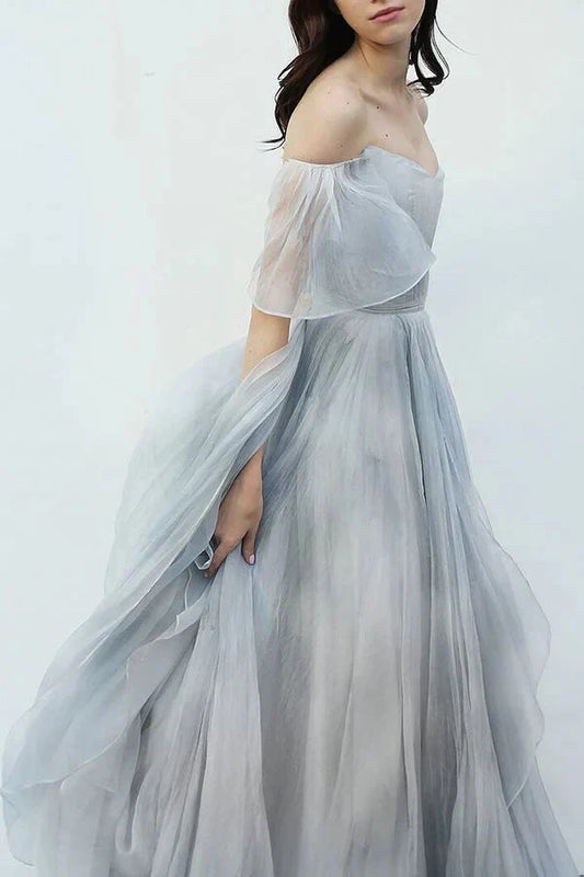 Unique Grey Blue Off-the-Shoulder Long Prom Dresses Garden Wedding Dresses simple gentle atmospheric and unique desi Bring summer colors to enhance whiteness by YiHuiw