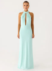 Unique Halter Neck Sleeveless Keyhole Open-Back Floor-Length Prom Dress