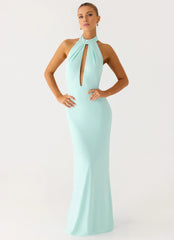 Unique Halter Neck Sleeveless Keyhole Open-Back Floor-Length Prom Dress