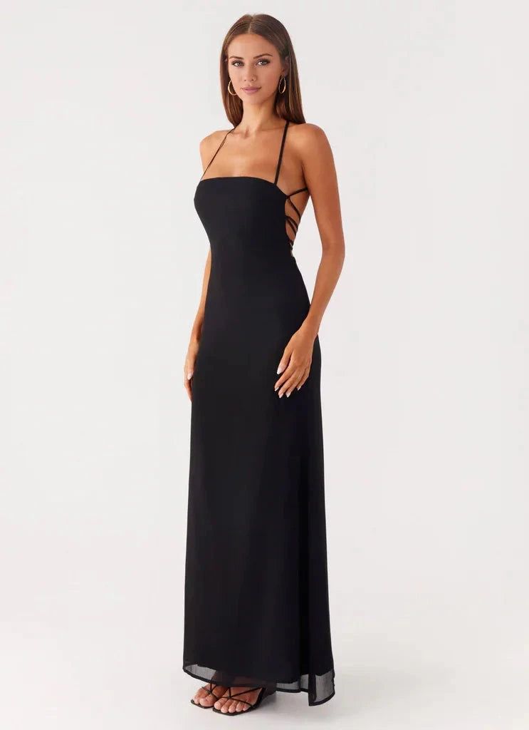 Upscale A-Line Square Neck Strapless Cross-Back Lace-Up Floor-Length Evening Dress by YiHuiw