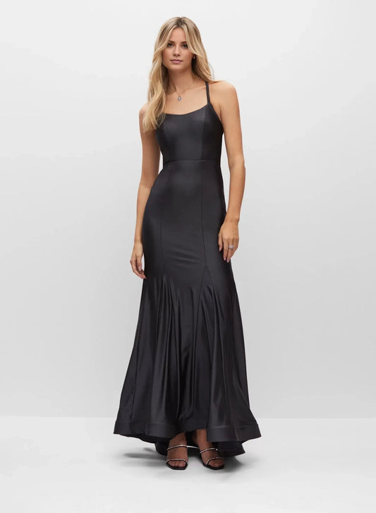 Upscale Black Spaghetti Strap Boat Neck Open-Back Mermaid Satin Floor-Length Evening Dress by YiHuiw