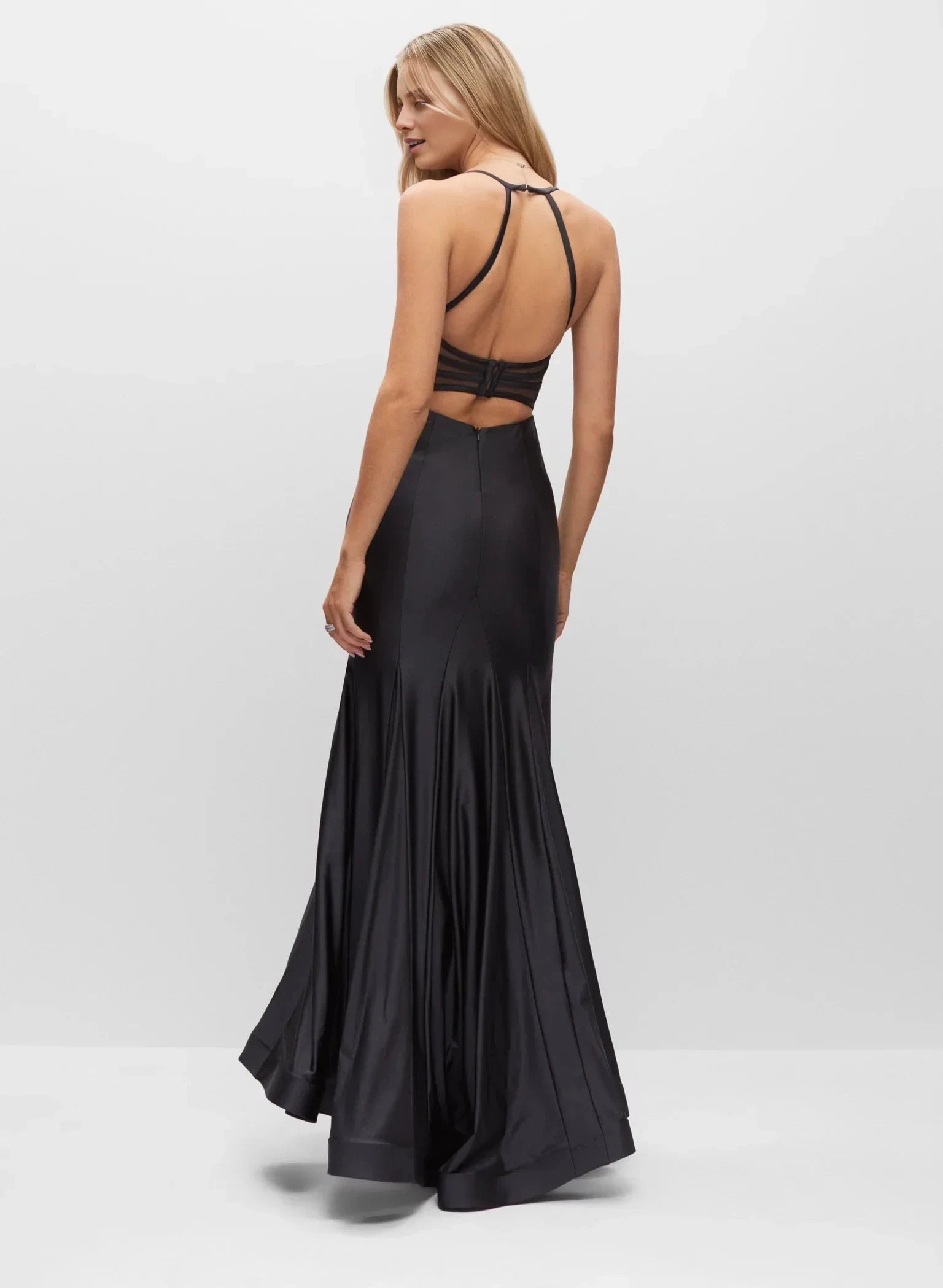 Upscale Black Spaghetti Strap Boat Neck Open-Back Mermaid Satin Floor-Length Evening Dress by YiHuiw