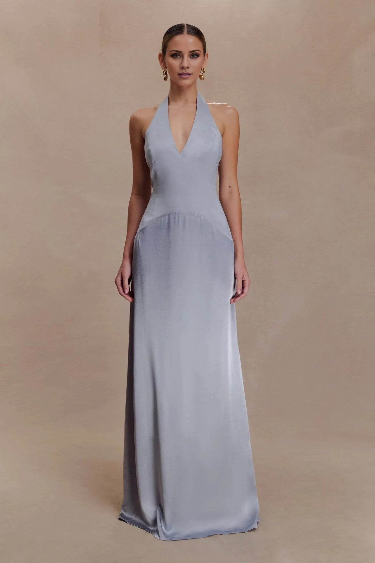 Upscale Satin Halter-Neck Sleeveless Plunging V-Back Flowy Floor-Length Evening Dress by YiHuiw