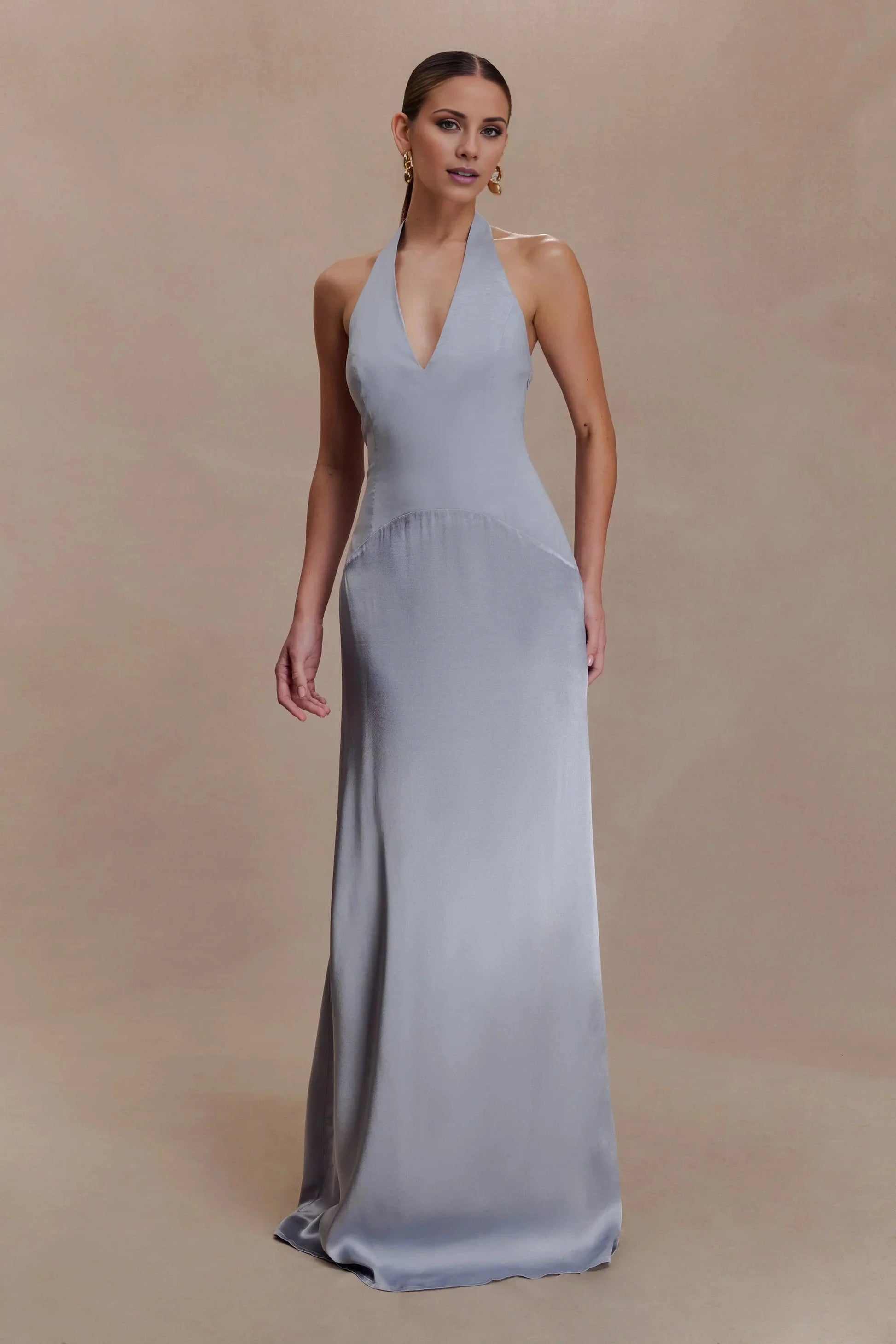 Upscale Satin Halter-Neck Sleeveless Plunging V-Back Flowy Floor-Length Evening Dress by YiHuiw