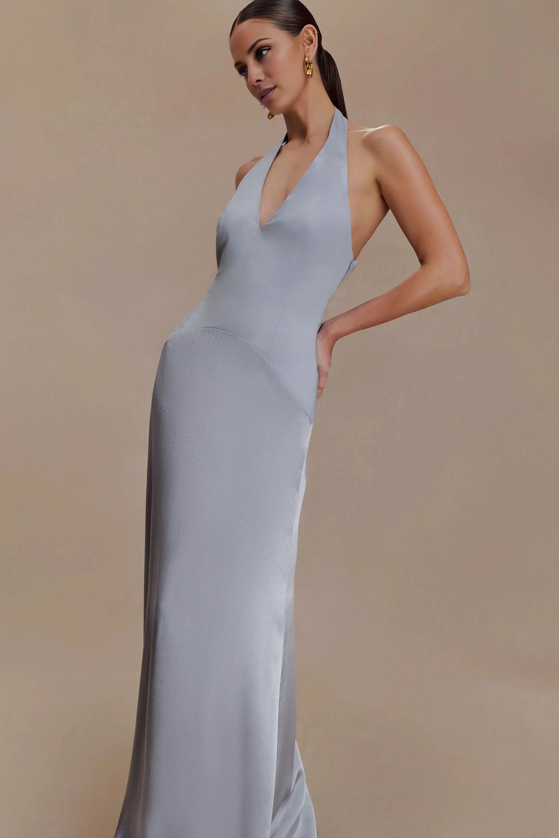 Upscale Satin Halter-Neck Sleeveless Plunging V-Back Flowy Floor-Length Evening Dress by YiHuiw