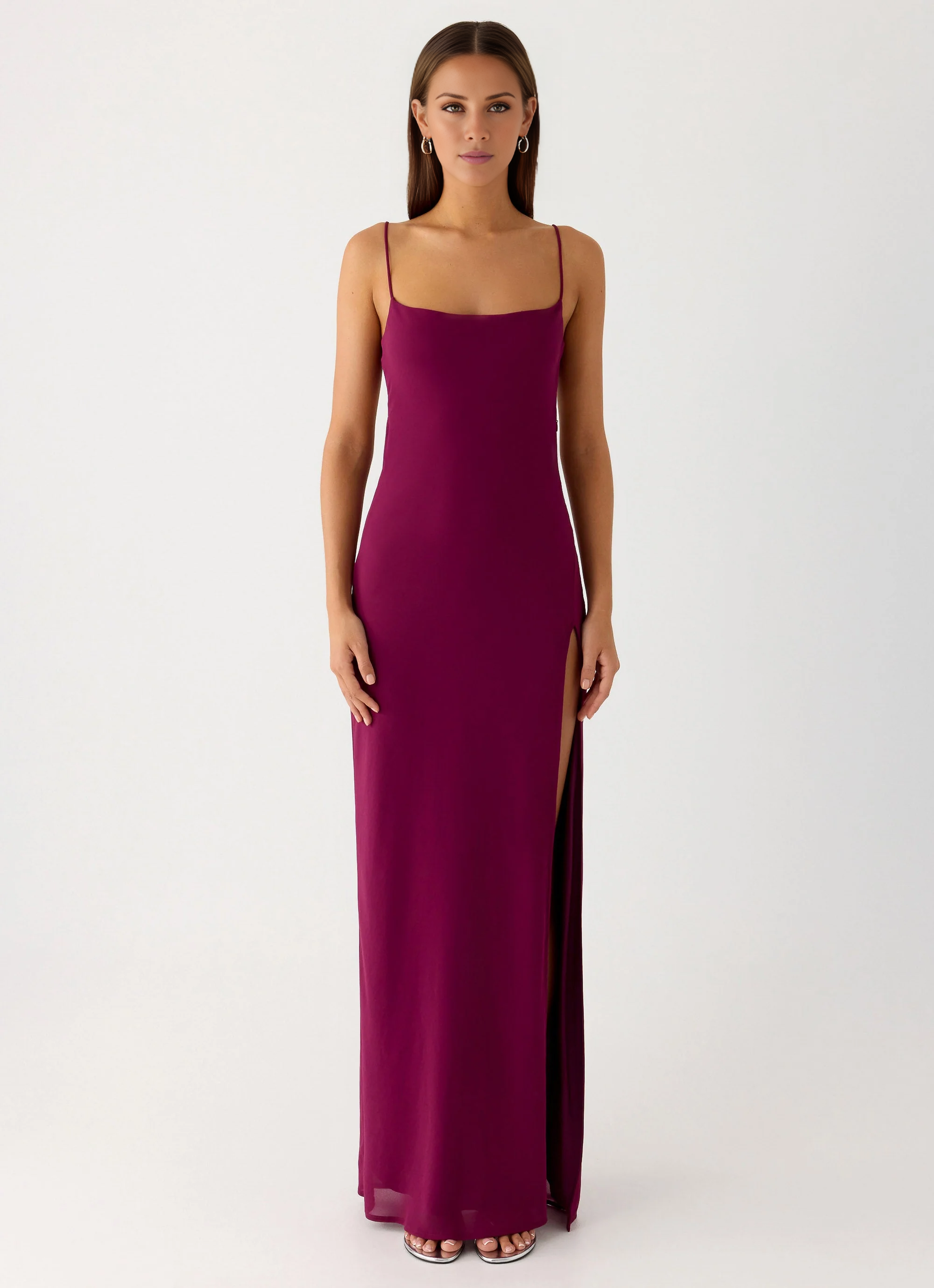 Upscale Square Neck Sleeveless Spaghetti Strap Side-Slit Open-Back Floor-Length Prom Dress by YiHuiw
