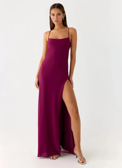 Upscale Square Neck Sleeveless Spaghetti Strap Side-Slit Open-Back Floor-Length Prom Dress by YiHuiw