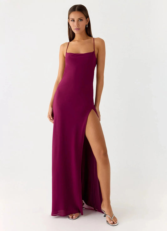 Upscale Square Neck Sleeveless Spaghetti Strap Side-Slit Open-Back Floor-Length Prom Dress by YiHuiw