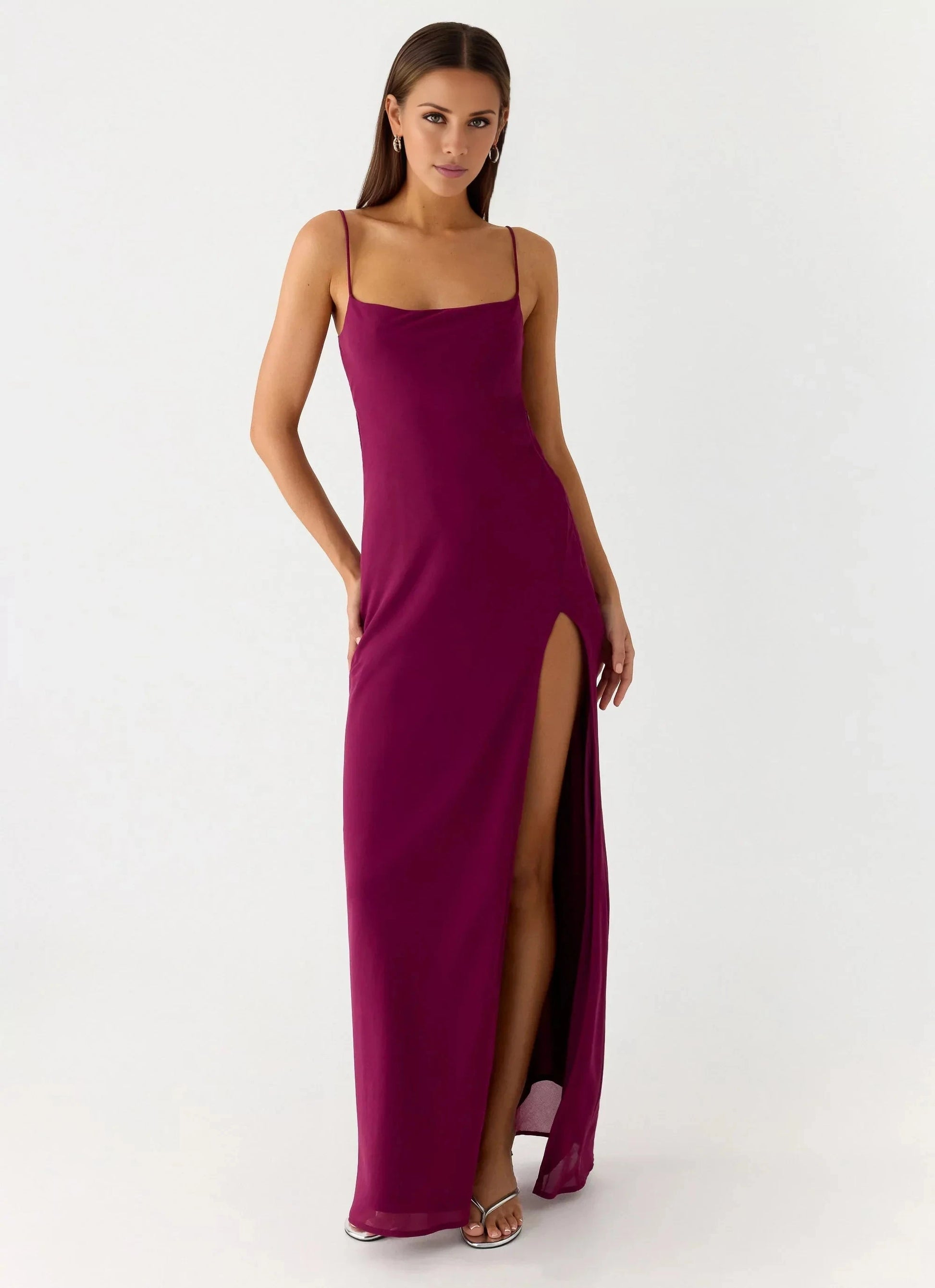 Upscale Square Neck Sleeveless Spaghetti Strap Side-Slit Open-Back Floor-Length Prom Dress by YiHuiw