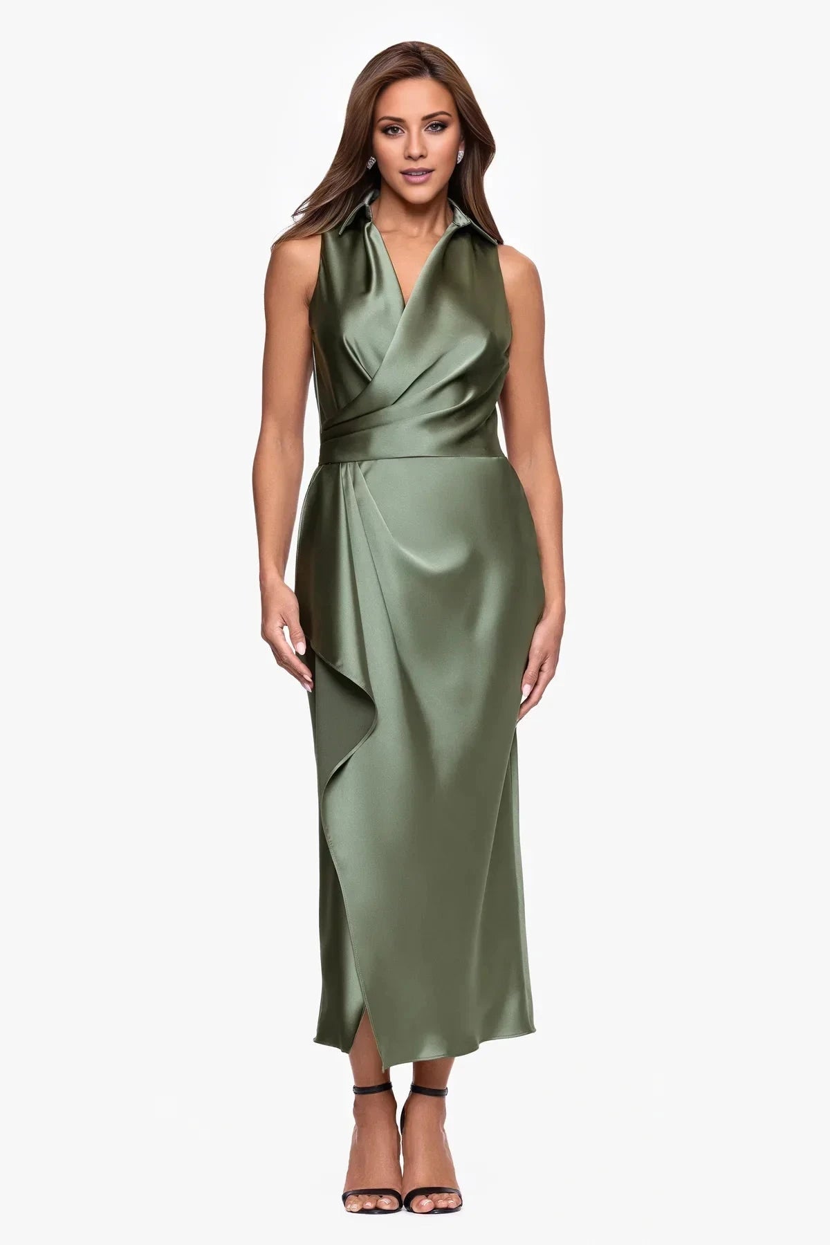 Upscale Wrap Collared Sleeveless Open-Back Midi Prom Dress by YiHuiw