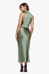 Upscale Wrap Collared Sleeveless Open-Back Midi Prom Dress