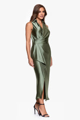 Upscale Wrap Collared Sleeveless Open-Back Midi Prom Dress