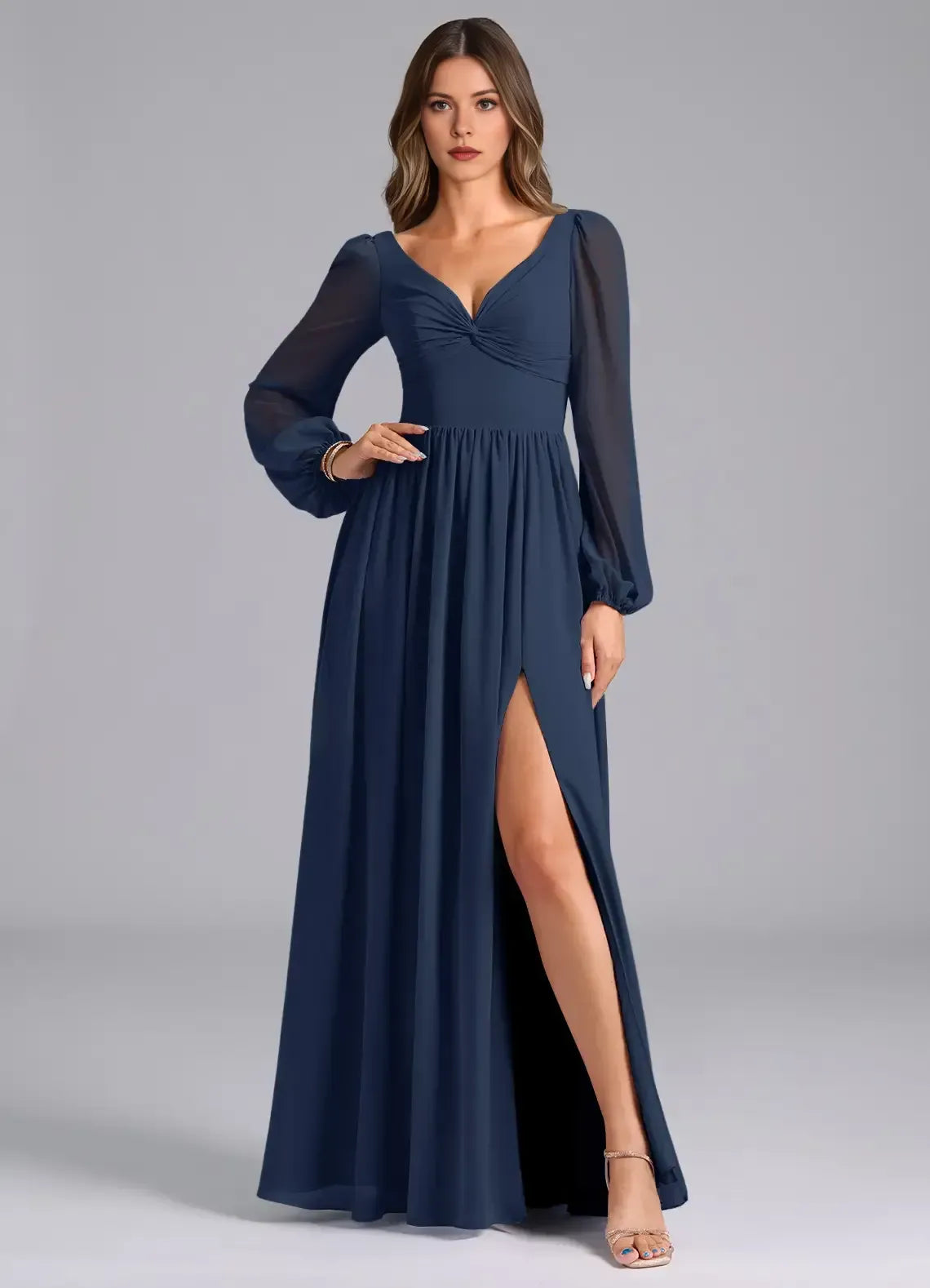 Empire Waist V-Neck Chiffon Long Sleeve Open Back High Slit Wedding Dress - Yihuiw by Yihuiw