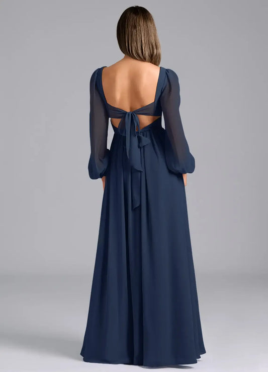 Empire Waist V-Neck Chiffon Long Sleeve Open Back High Slit Wedding Dress - Yihuiw by Yihuiw