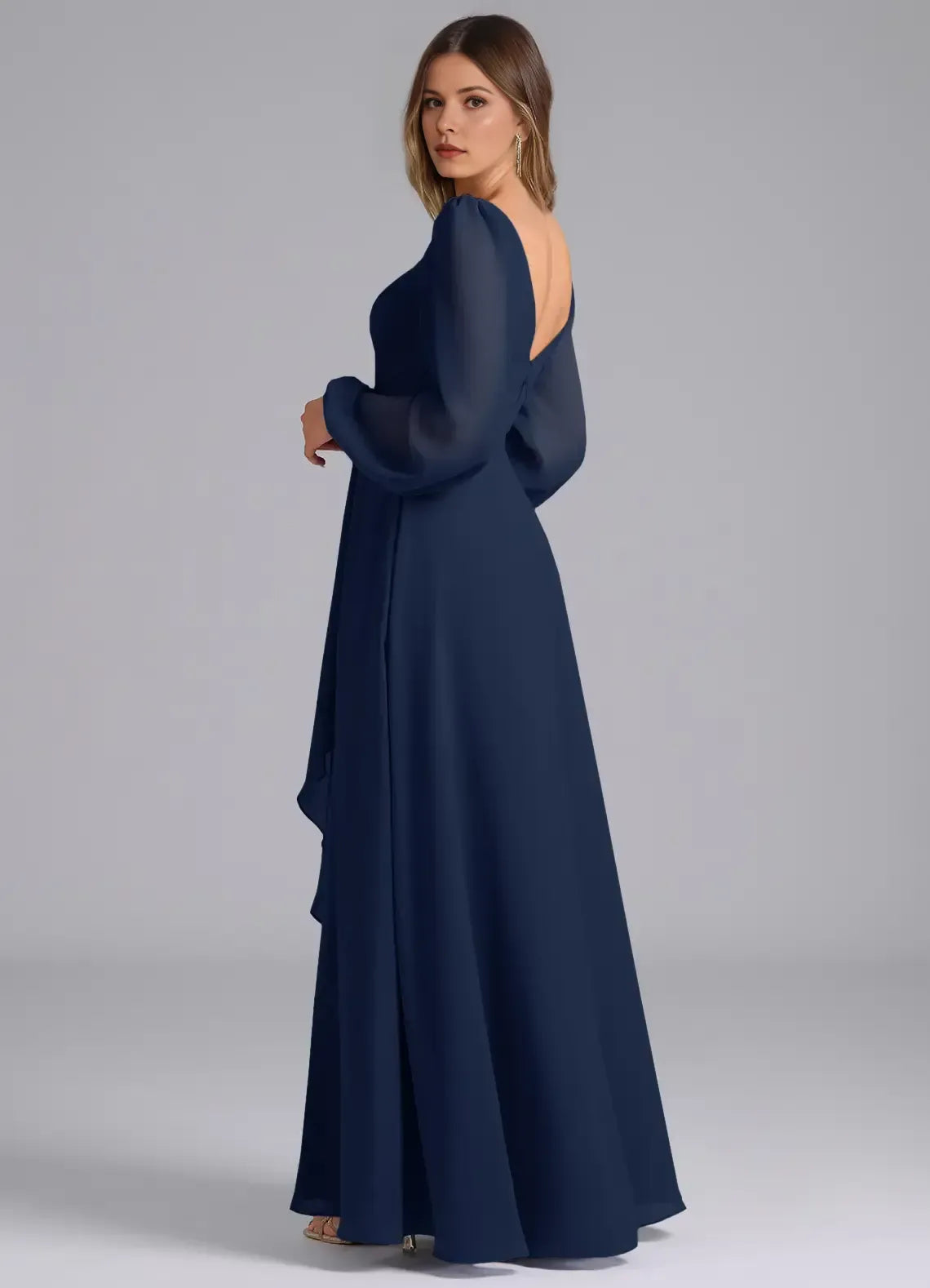Empire Waist V-Neck Chiffon Long Sleeve High Slit Wedding Dress - Yihuiw by Yihuiw