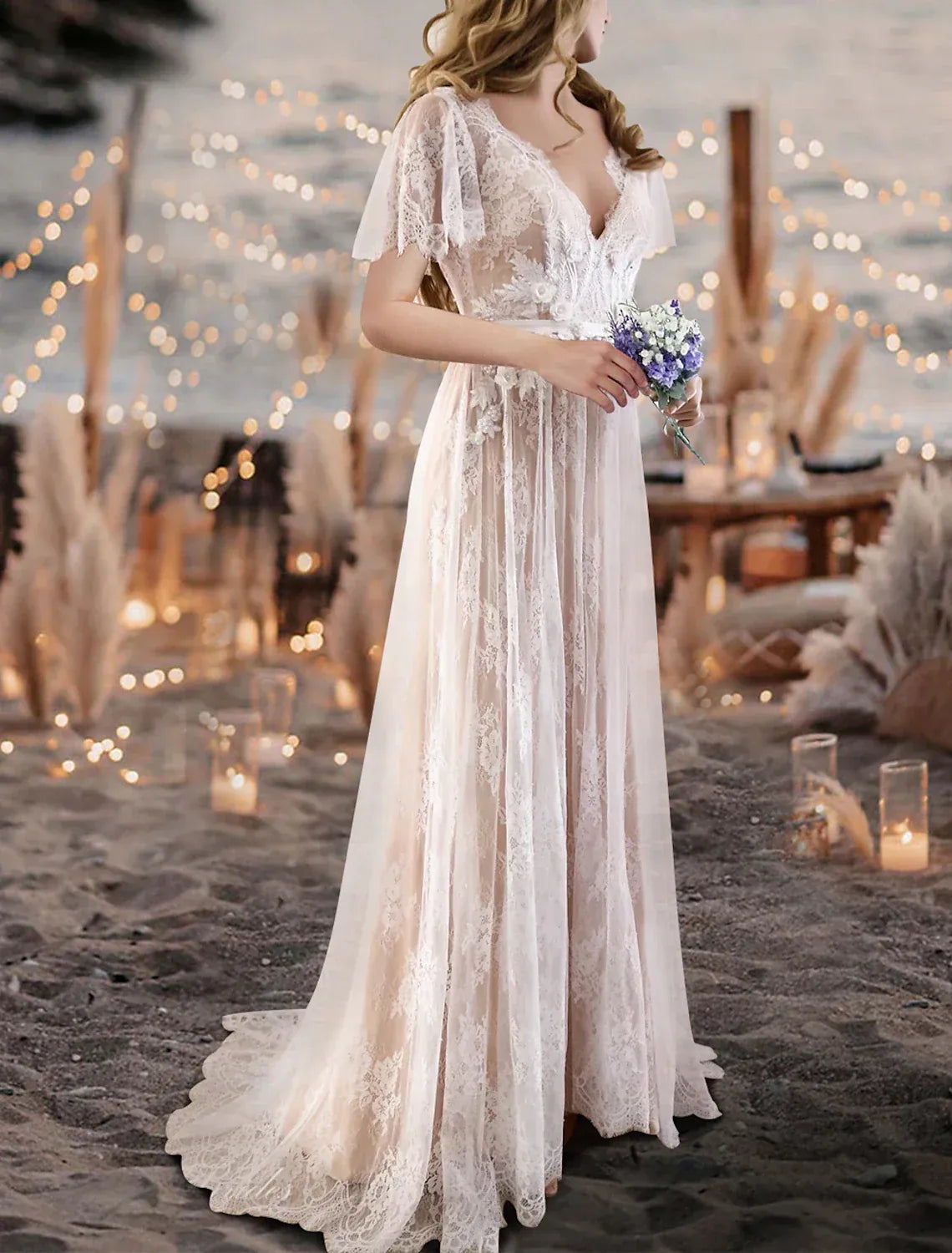 A-Line V-Neck Lace Short Sleeve Open Back Train Mini Wedding Dress - Yihuiw by Yihuiw