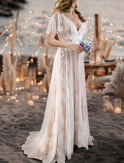 A-Line V-Neck Lace Short Sleeve Open Back Train Mini Wedding Dress - Yihuiw by Yihuiw