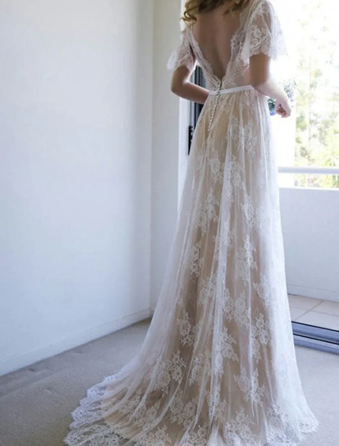 A-Line V-Neck Lace Short Sleeve Open Back Train Mini Wedding Dress - Yihuiw by Yihuiw