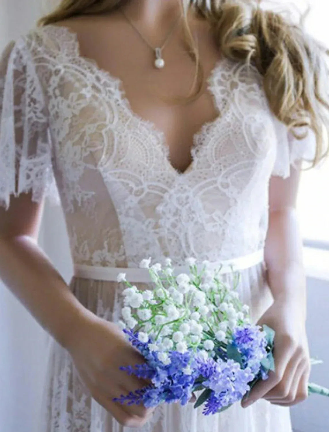 A-Line V-Neck Lace Short Sleeve Open Back Train Mini Wedding Dress - Yihuiw by Yihuiw