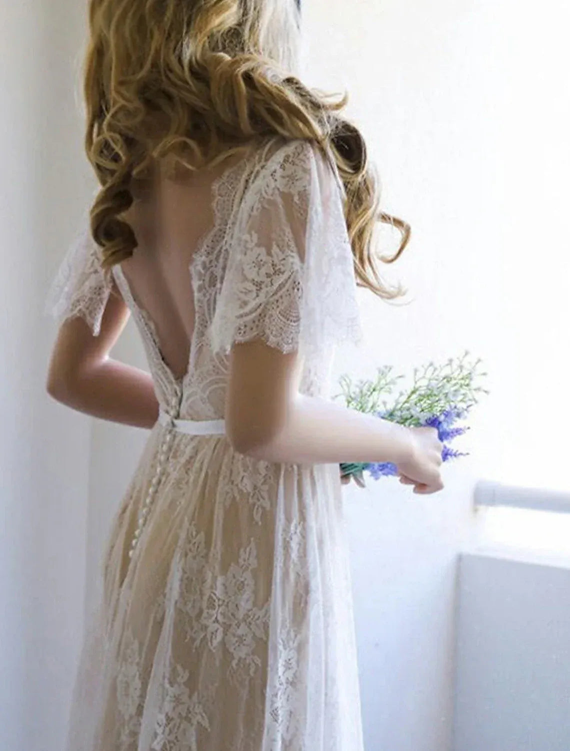 A-Line V-Neck Lace Short Sleeve Open Back Train Mini Wedding Dress - Yihuiw by Yihuiw