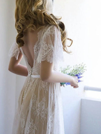 A-Line V-Neck Lace Short Sleeve Open Back Train Mini Wedding Dress - Yihuiw by Yihuiw