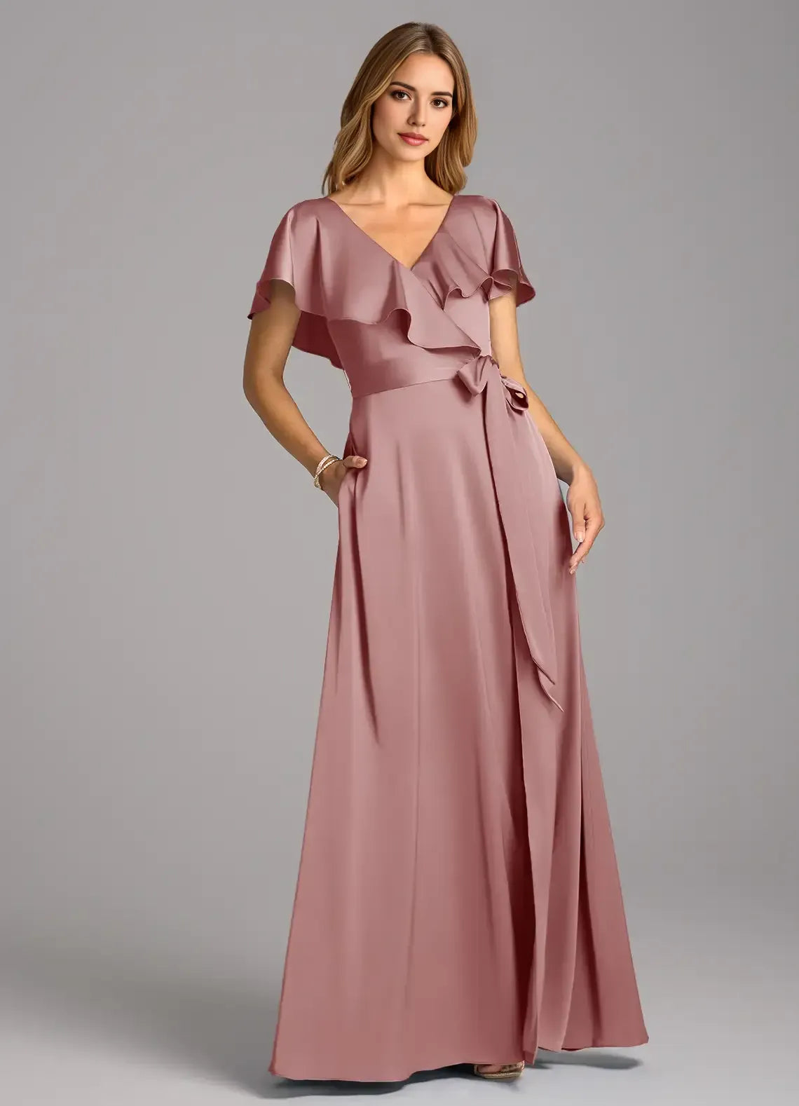 V-Neck Satin Short Sleeve Floor-Length Wedding Dress - Yihuiw by Yihuiw