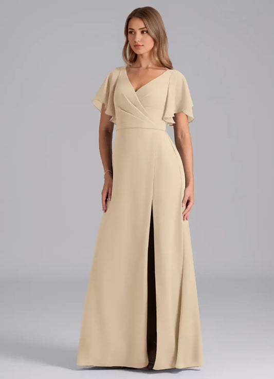 A-Line V-Neck Chiffon Short Sleeve High Slit Mini Wedding Dress - Yihuiw by Yihuiw