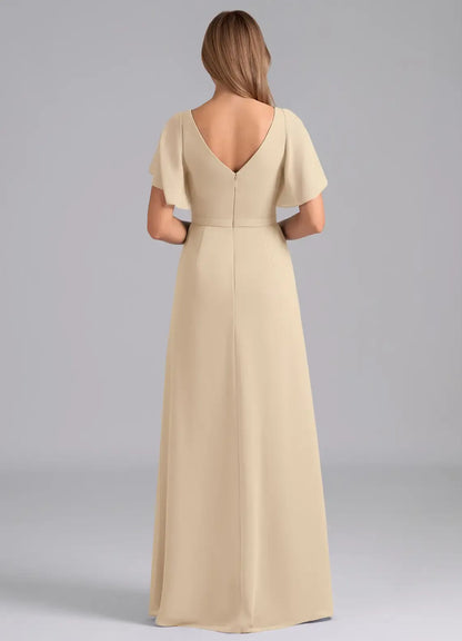 A-Line V-Neck Chiffon Short Sleeve High Slit Mini Wedding Dress - Yihuiw by Yihuiw