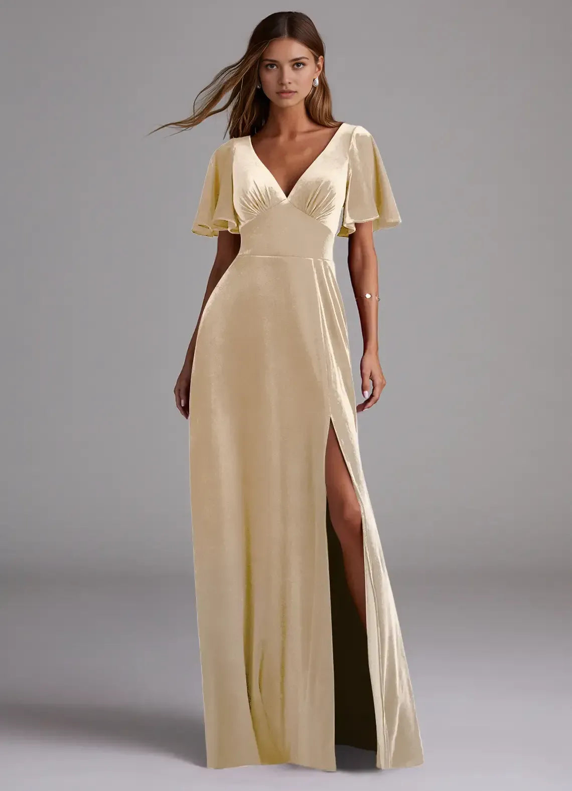 V-Neck Velvet High Slit Wedding Dress - Yihuiw by Yihuiw
