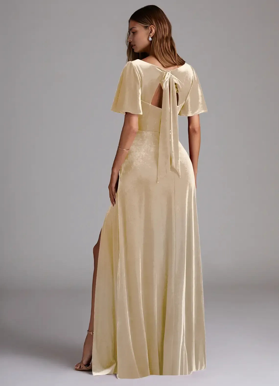 V-Neck Velvet High Slit Wedding Dress - Yihuiw by Yihuiw