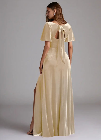 V-Neck Velvet High Slit Wedding Dress - Yihuiw by Yihuiw