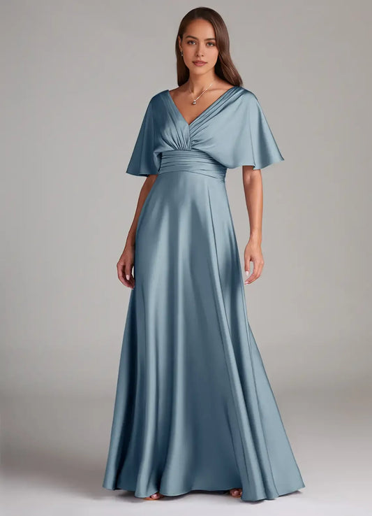 A-Line V-Neck Satin Ruched Wedding Dress - Yihuiw by Yihuiw