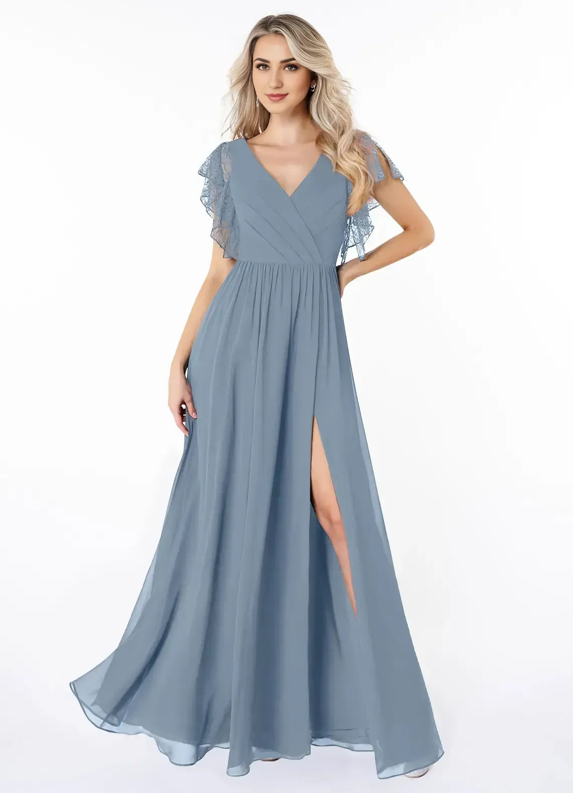 A-Line V-Neck Chiffon High Slit Wedding Dress - Yihuiw by Yihuiw