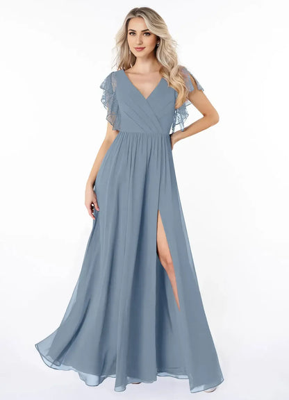A-Line V-Neck Chiffon High Slit Wedding Dress - Yihuiw by Yihuiw