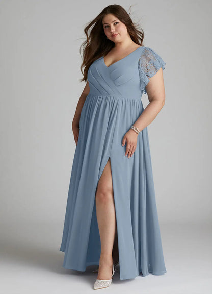 V-Neck Lace High Slit Floor-Length Wedding Dress - Yihuiw by Yihuiw