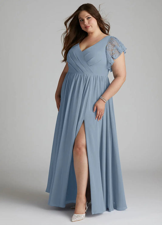 V-Neck Lace High Slit Floor-Length Wedding Dress - Yihuiw by Yihuiw