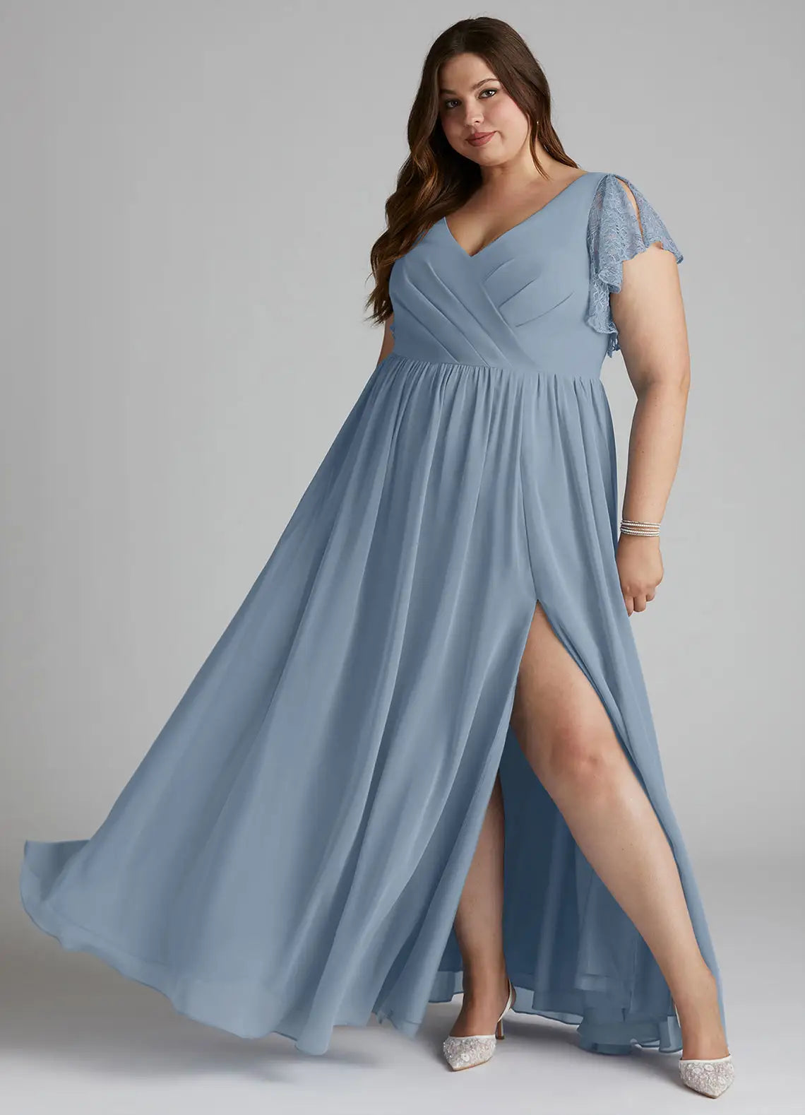 V-Neck Lace High Slit Floor-Length Wedding Dress - Yihuiw by Yihuiw