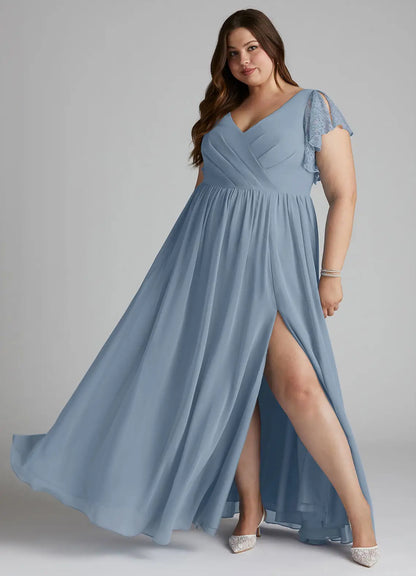 V-Neck Lace High Slit Floor-Length Wedding Dress - Yihuiw by Yihuiw