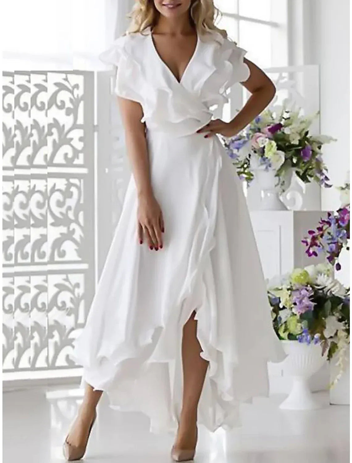 High Neck Chiffon Ruffled Mini Wedding Dress - Yihuiw by Yihuiw