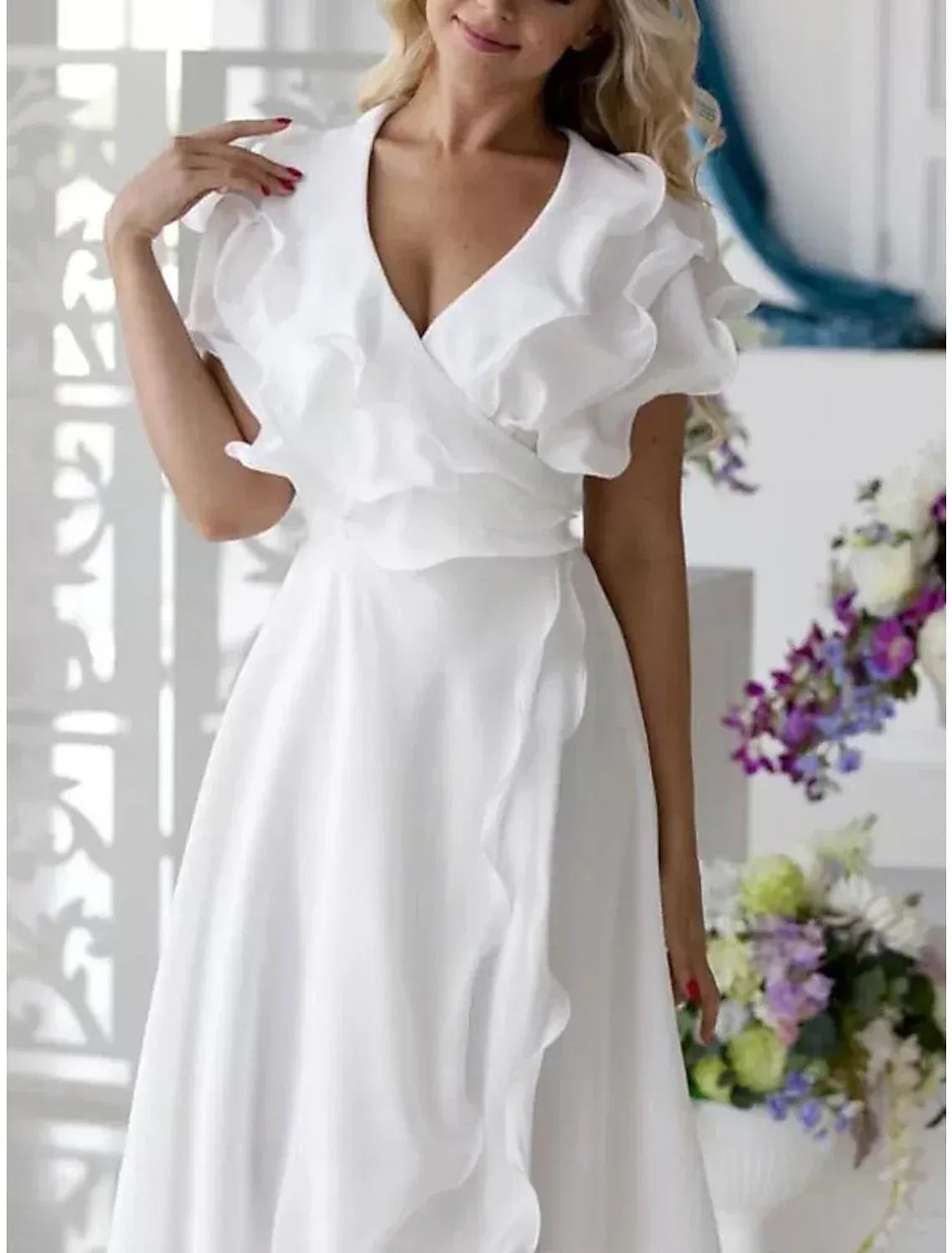 High Neck Chiffon Ruffled Mini Wedding Dress - Yihuiw by Yihuiw