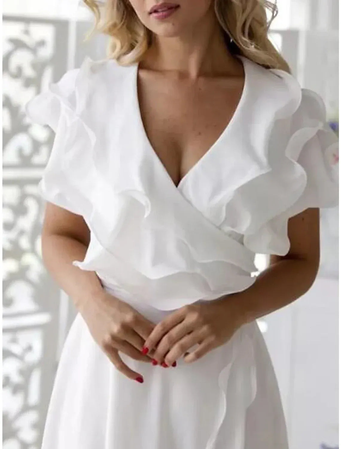 High Neck Chiffon Ruffled Mini Wedding Dress - Yihuiw by Yihuiw