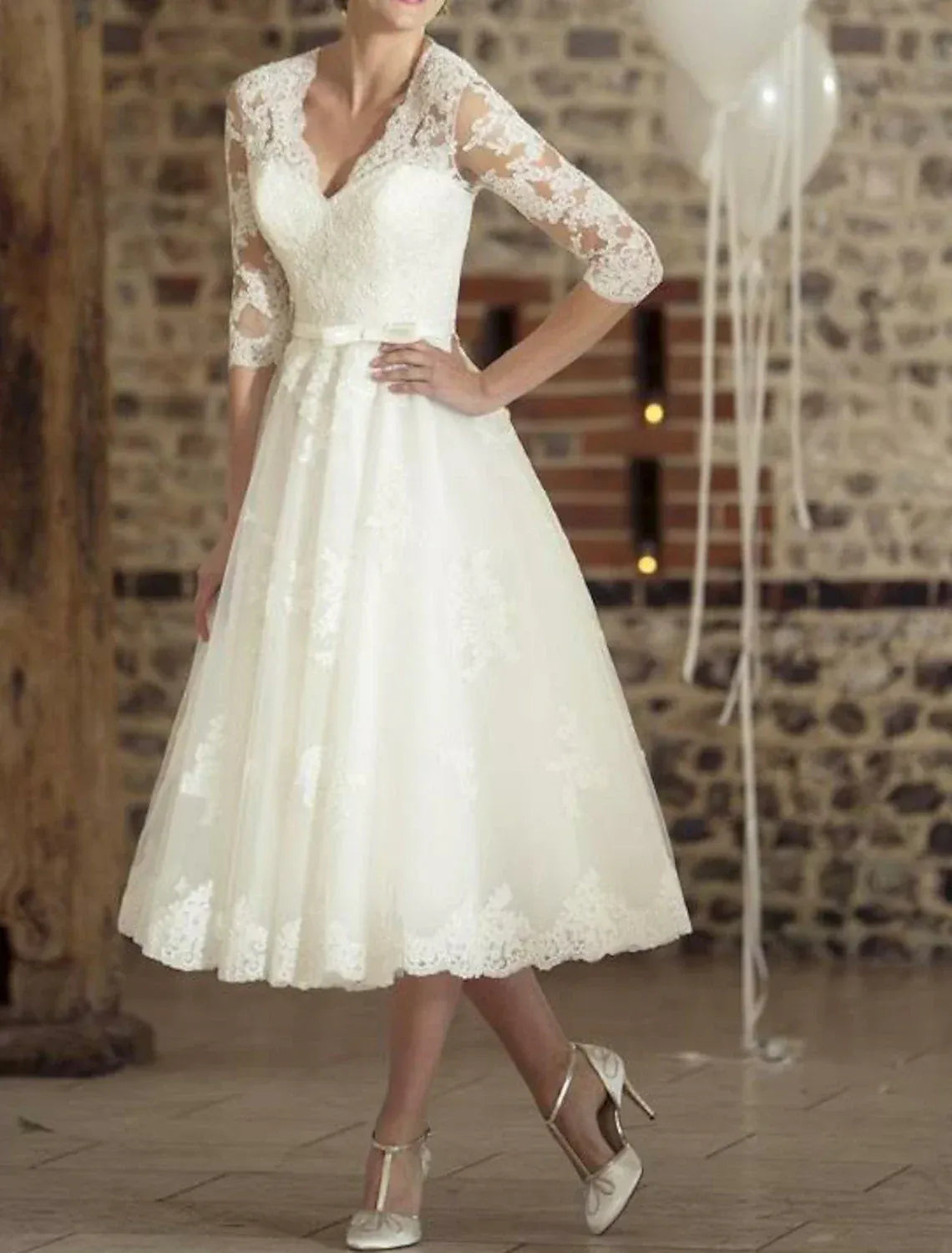 V-Neck Satin Midi Wedding Dress - Yihuiw by Yihuiw