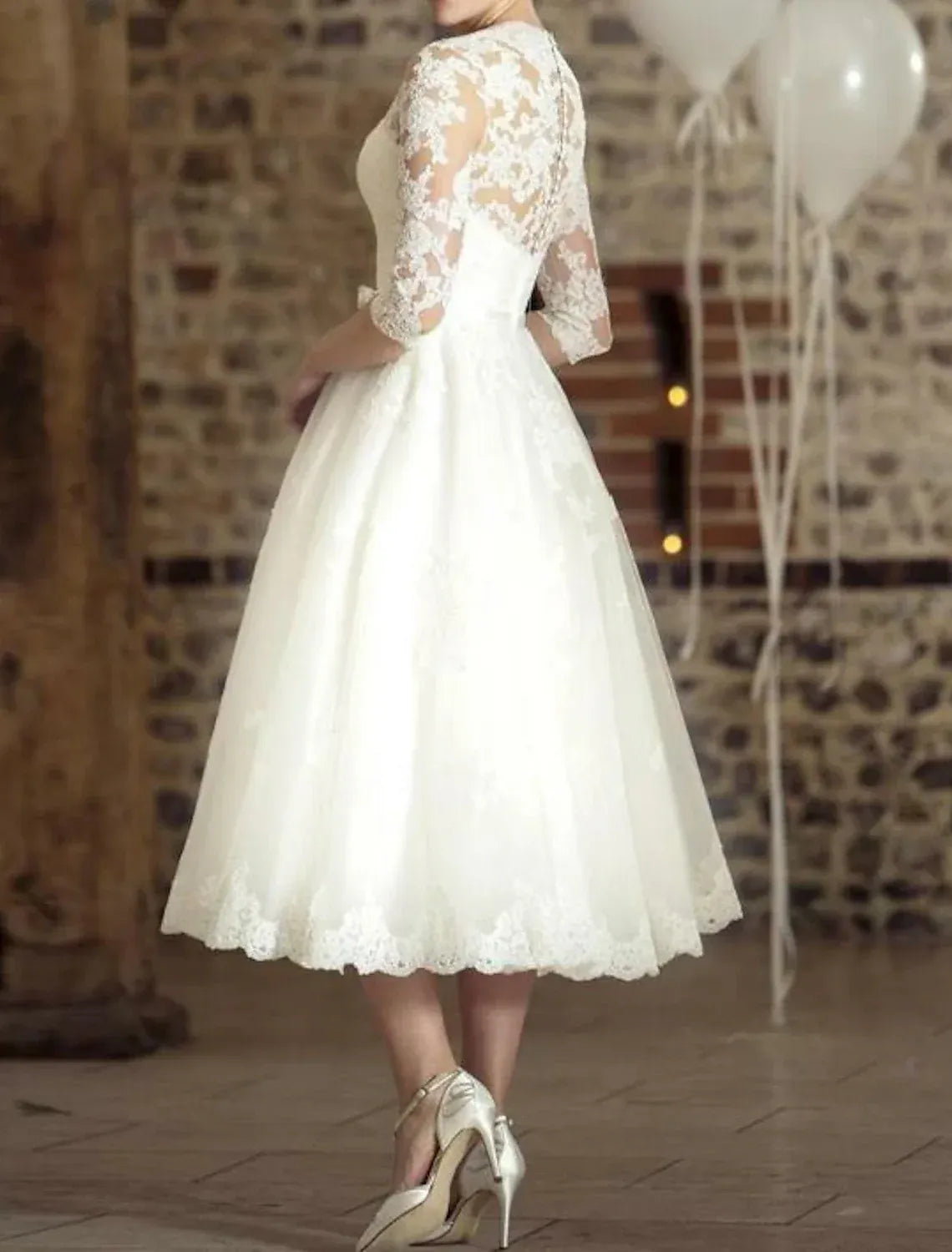 V-Neck Satin Midi Wedding Dress - Yihuiw by Yihuiw