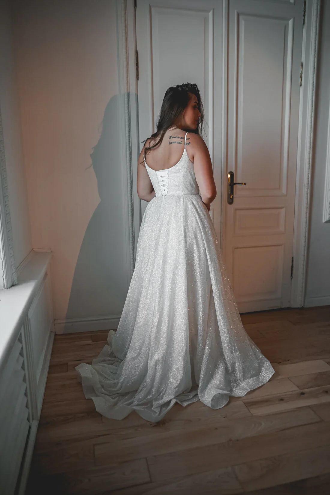 V-Neck Glitter Ballgown Wedding Dress Thin Spaghetti Straps Lace-Up Back Sweep Train Bridal Gown by LANQI DRESS