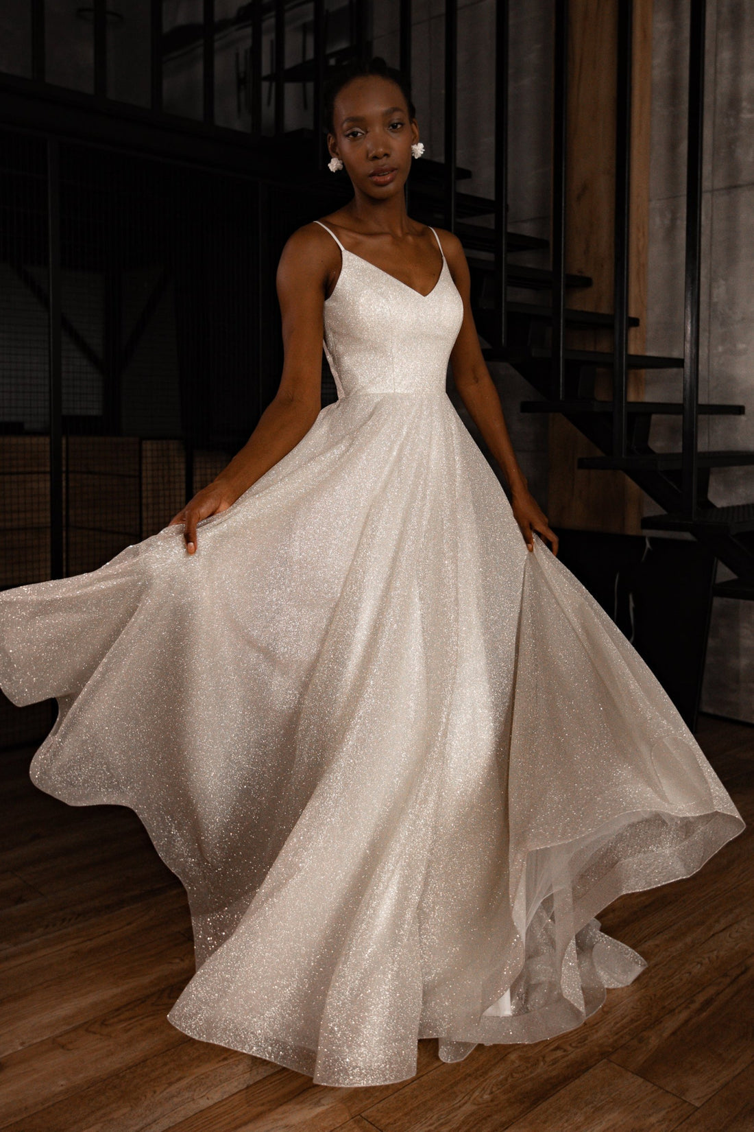 V-Neck Glitter Ballgown Wedding Dress Thin Spaghetti Straps Lace-Up Back Sweep Train Bridal Gown by LANQI DRESS