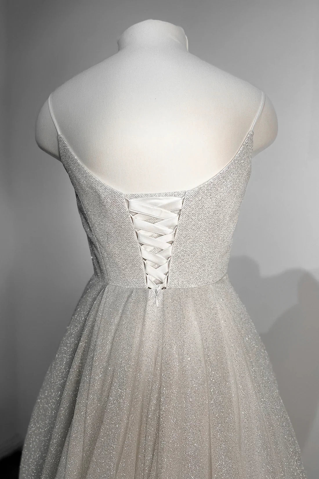 V-Neck Glitter Ballgown Wedding Dress Thin Spaghetti Straps Lace-Up Back Sweep Train Bridal Gown by LANQI DRESS