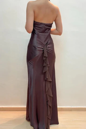 Chocolate Brown Satin Halter Prom Dress with Open Back and Floor-Length Silhouette